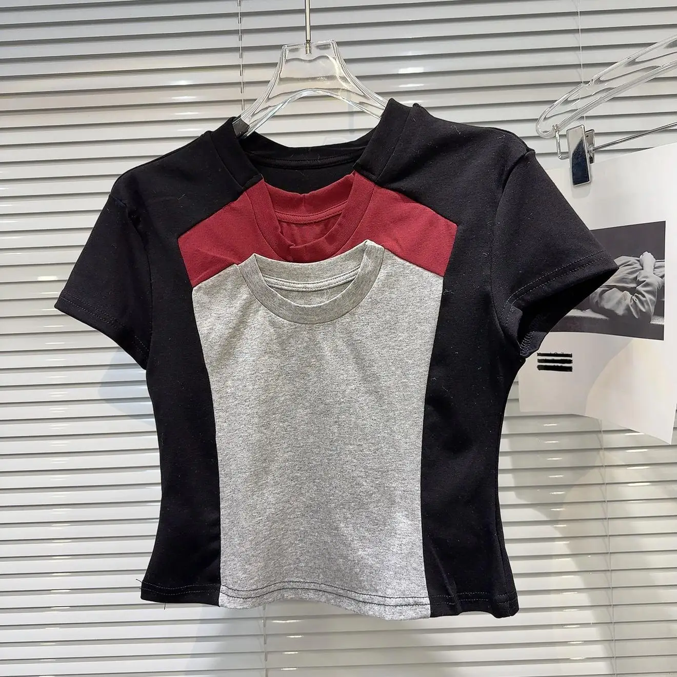 

2025 Spring New Sweet and Cool Spice Girl Multi-Neck Splicing Contrast Color Waist Navel Short Sleeve T-Shirt Women Unique Top