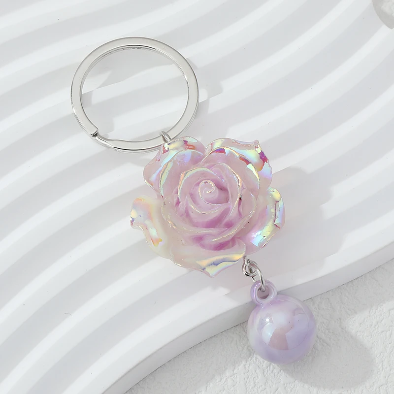 Pretty Acrylic Keychains Colorful Rose Flowers Plants Bead Key Rings For Women Girls Friendship Gift Handbag Decoration Jewelry