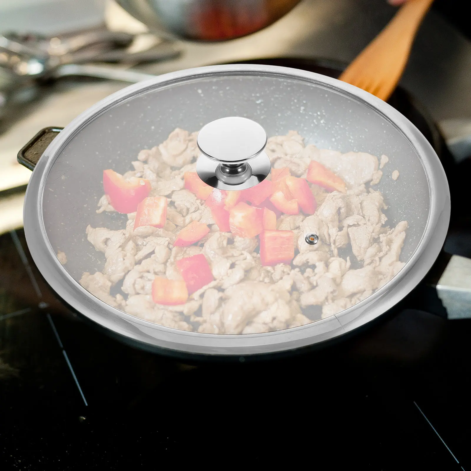 

Крышка для кастрюль из нержавеющей стали 34 см, усиленная, с взрывозащищенным закаленным стеклом, для воков, сковородок, кастрюль, универсальная посуда