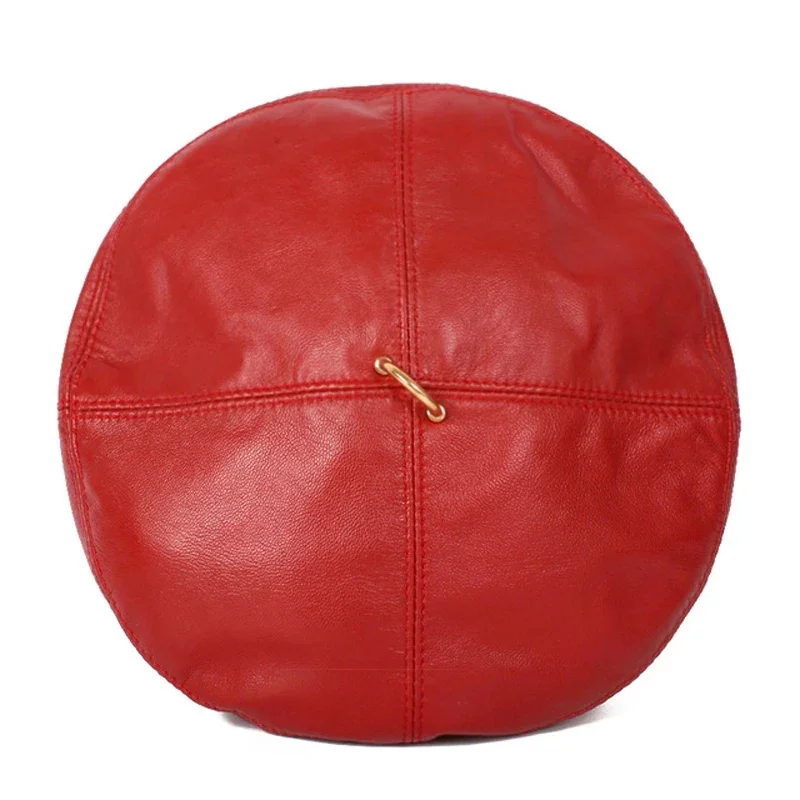 2023 Spring 100% Real Leather Beret Hat Women Fashion European Pumpkin Painter Caps Female Rainbow Color White/Red