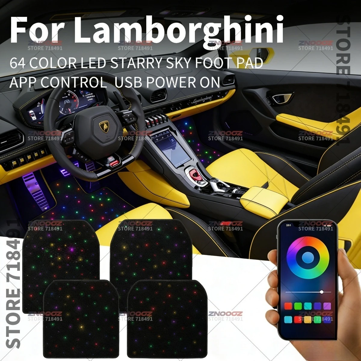 For Lamborghini Murciélago Gallardo Aventador Huracán Urus Revuelto USB Car LED Starry Sky Foot Mat DIY Can Be Cut