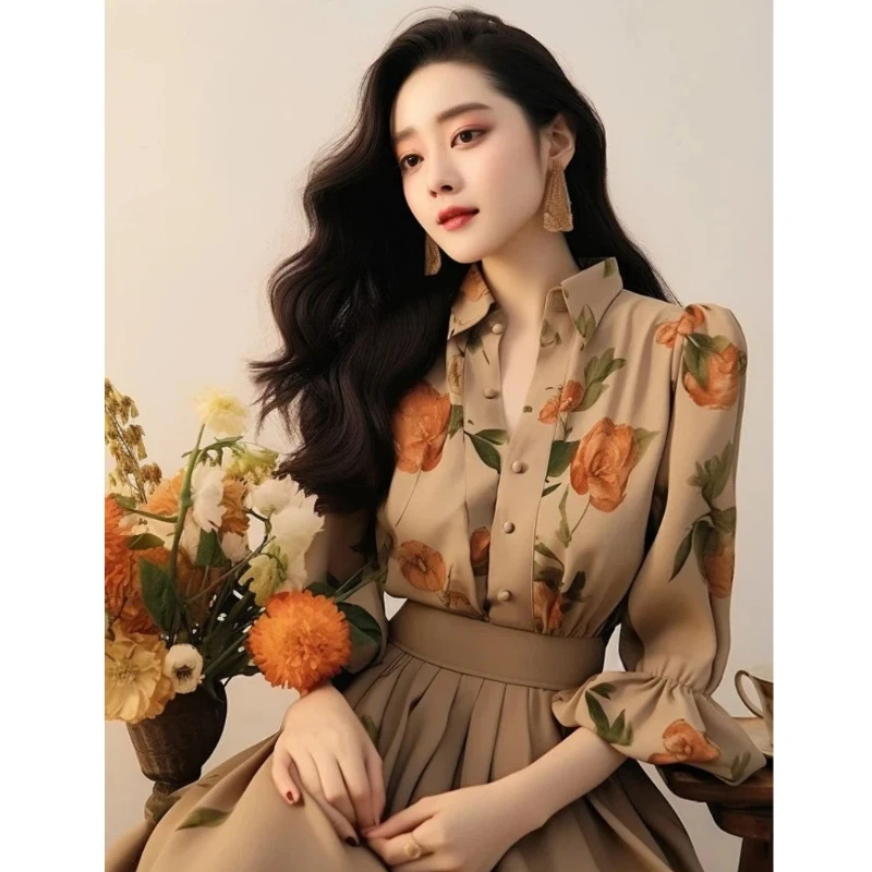 Temperament Button Floral Shirt Tops Spring New Polo Neck Printing Loose All-match Elegant Blouse Fashion Vintage Women Clothing