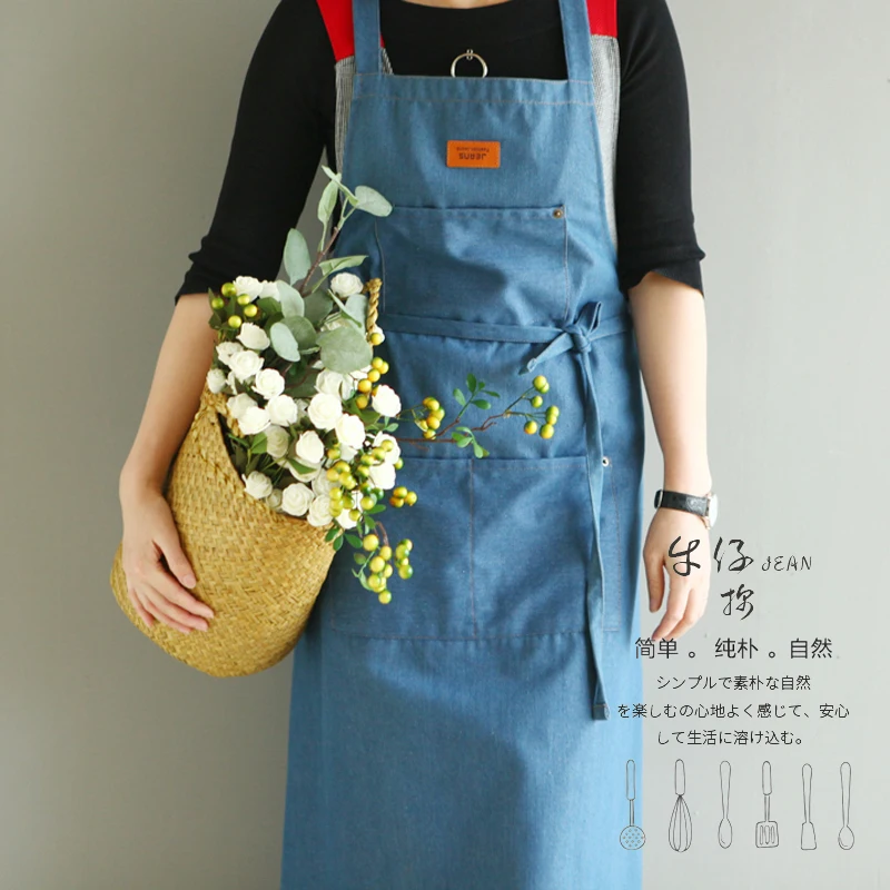 

Korean version of cotton denim home kitchen cooking apron couple baker cafe restaurant overalls apron