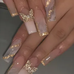 24Pcs Glossy Long Coffin Press on Nails French Gold Fake Nails with Rhinestone Shiny Artificial Reusable False Nails Butterfly