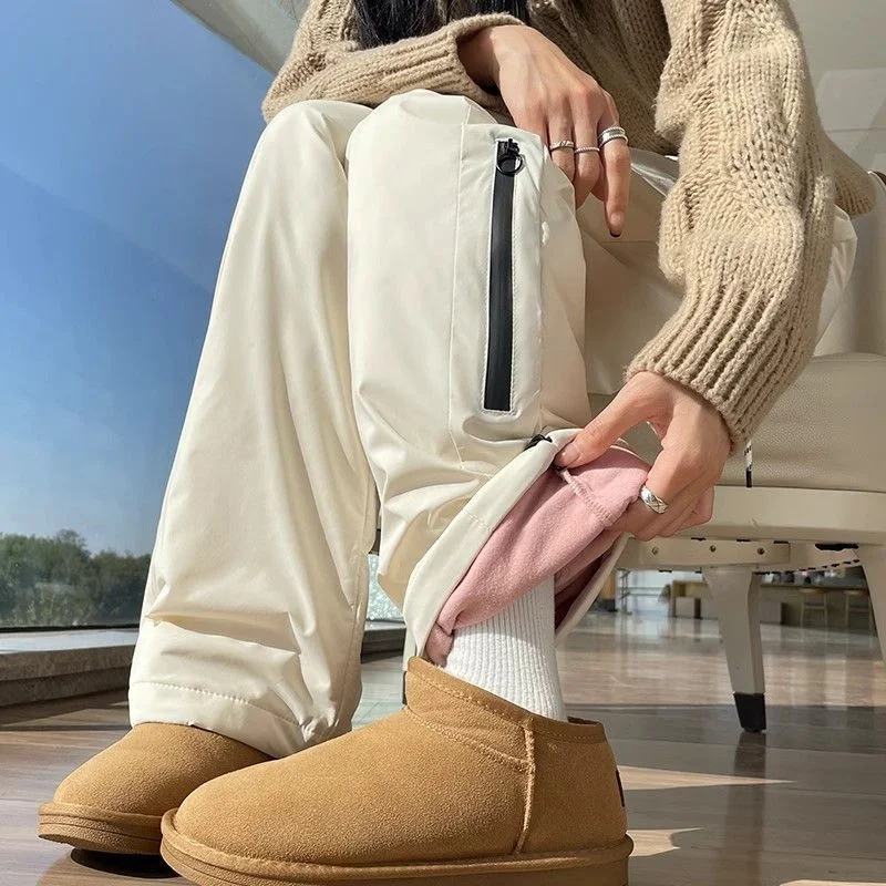 

Thiened зимние хлопковые рабочие брюки, женская верхняя одежда, прямые брюки с высокой талией и широкими штанинами, повседневные синие морозостойкие брюки