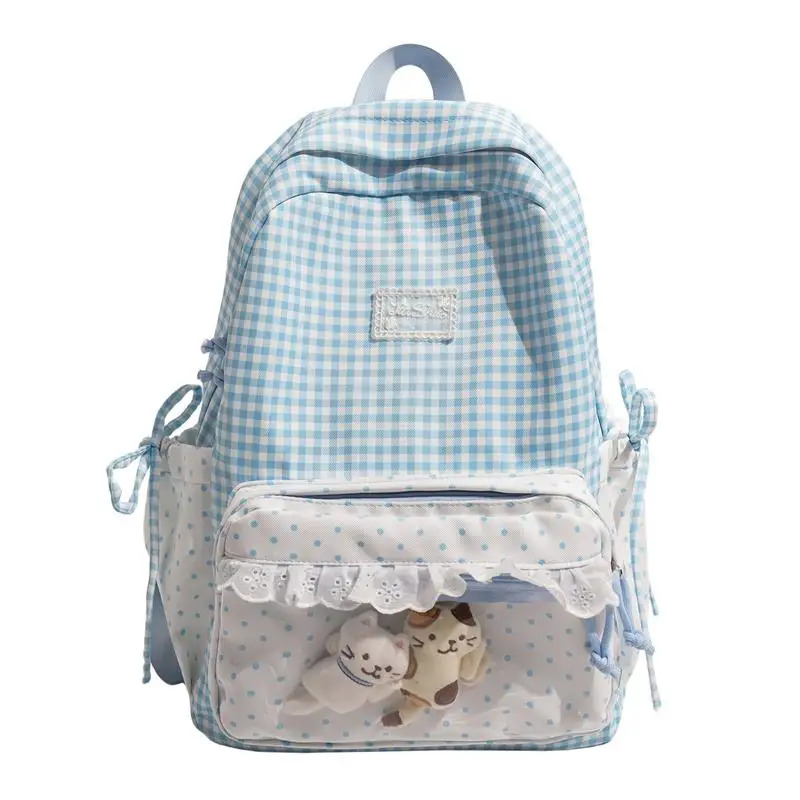 Girls Polka Dot Rucksack Large Capacity Trendy Dot Pattern School Bag with Compartments Soft Lace Daypack Commute Studying Pouch