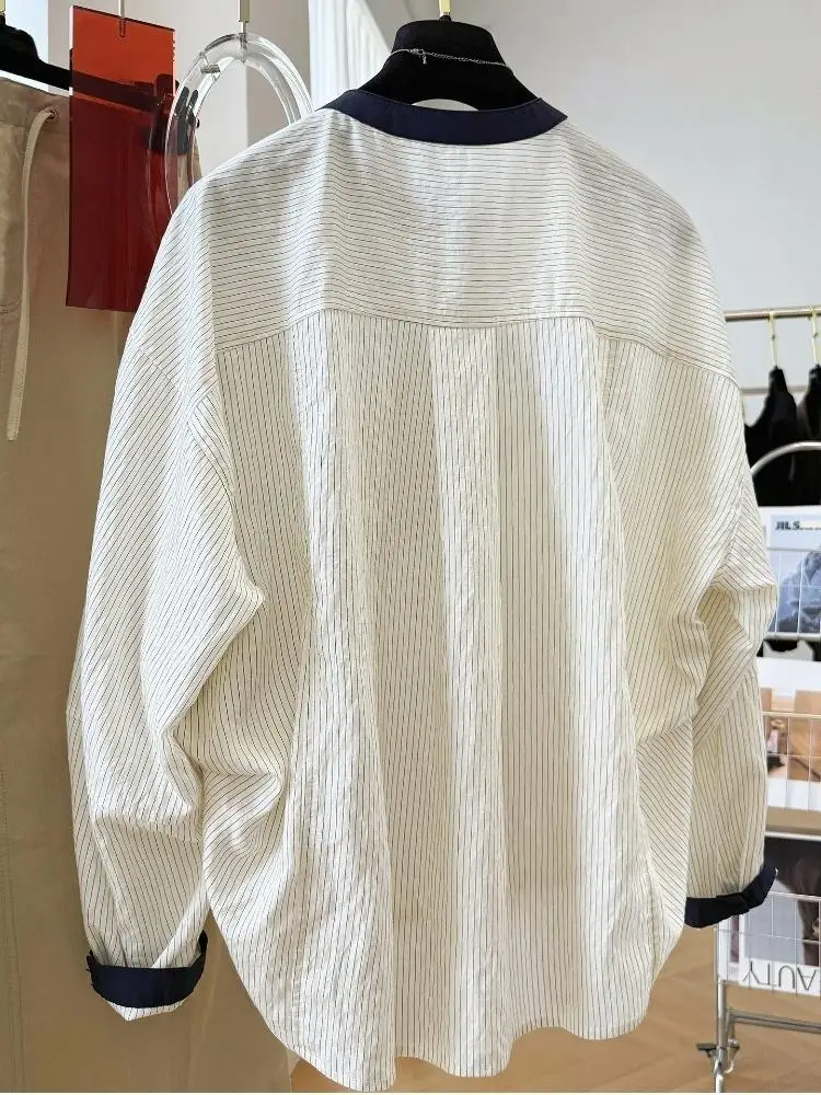 

Корейская контрастная цветная полосатая рубашка с длинными рукавами и круглым вырезом для женщин с осенним элитным шикарным топом, темпераментная маленькая рубашка