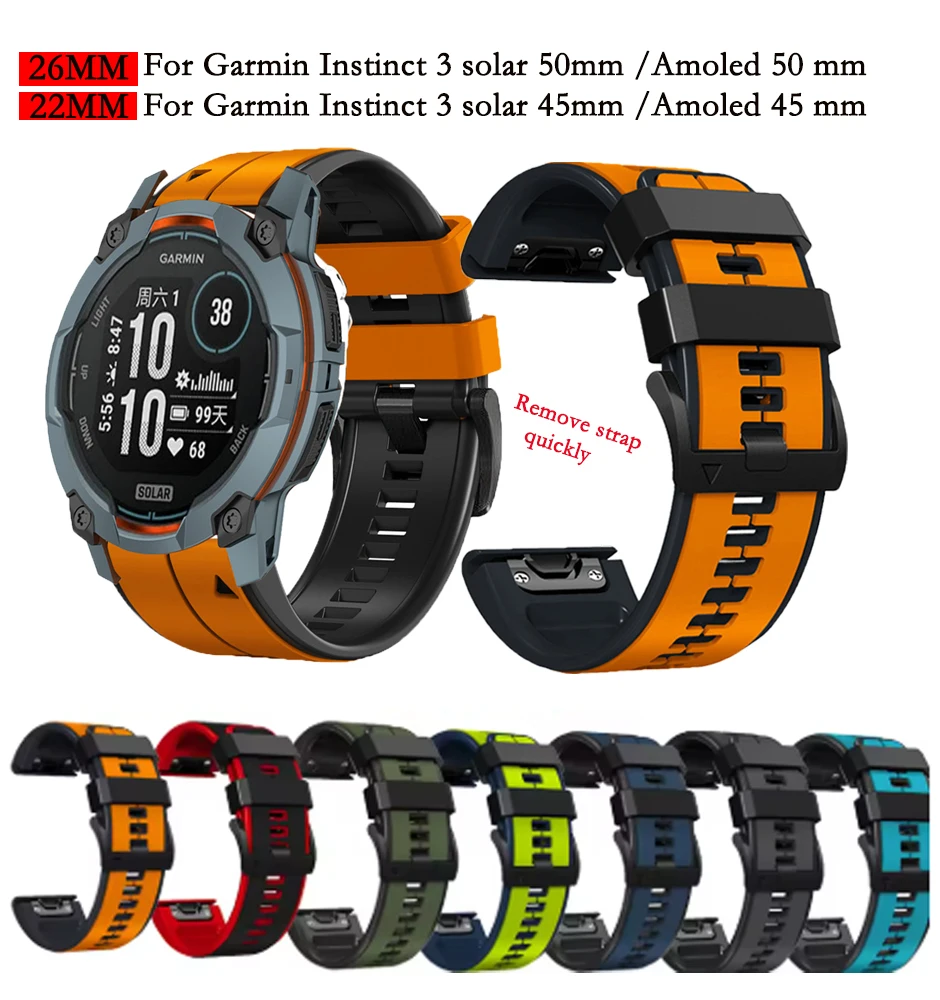 

Quick Silicone Strap For Garmin Instinct 3 solar 45mm 50mm/ amoled 45mm 50mm Sport Bracelet Smart Watch Band Accessories