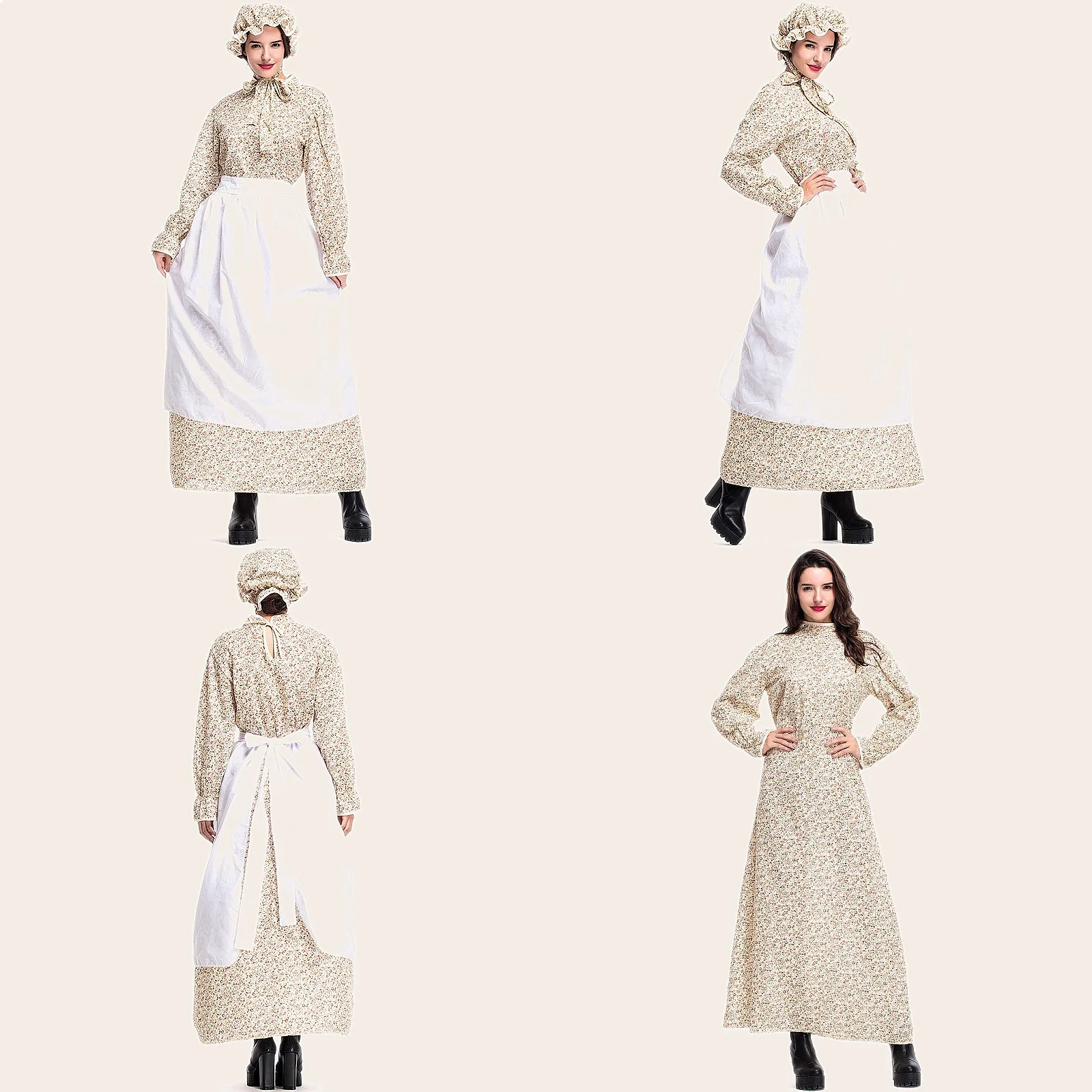

Wholesale Wolf Grandma Cosplay Costume Women Long Sleeve Khaki Floral Dress Halloween Role Play