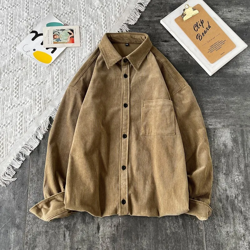 

Мужская вельветовая рубашка с длинным рукавом, свободного кроя, с воротником, в рабочем стиле, модная, темно-кофейного цвета, в американском ретро-стиле, для пар.