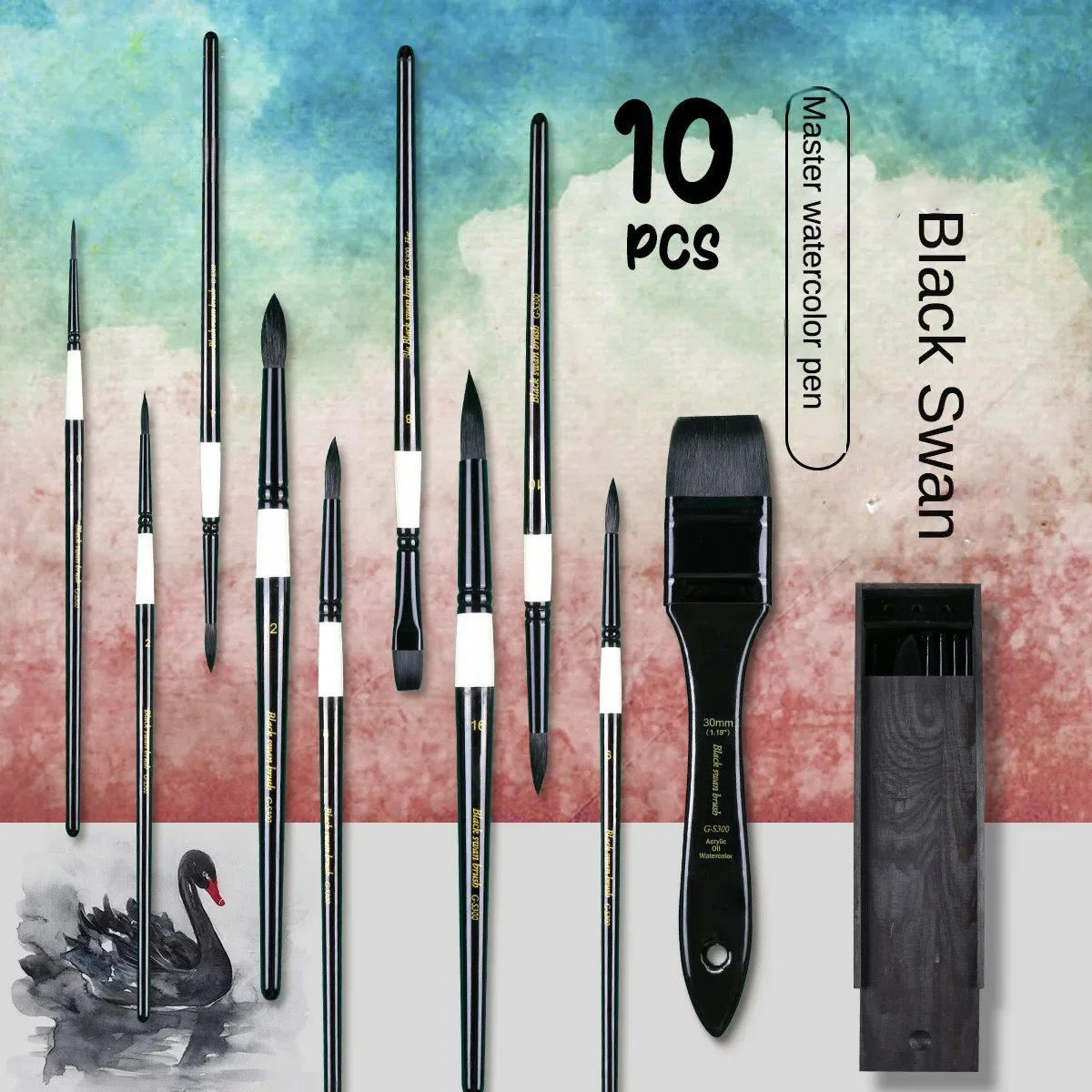 Black Swan Watercolor Paintbrush Complete Set of Professional Imitation Gray Mouse Hair Animal Brush Pointed Drawing Line Pen