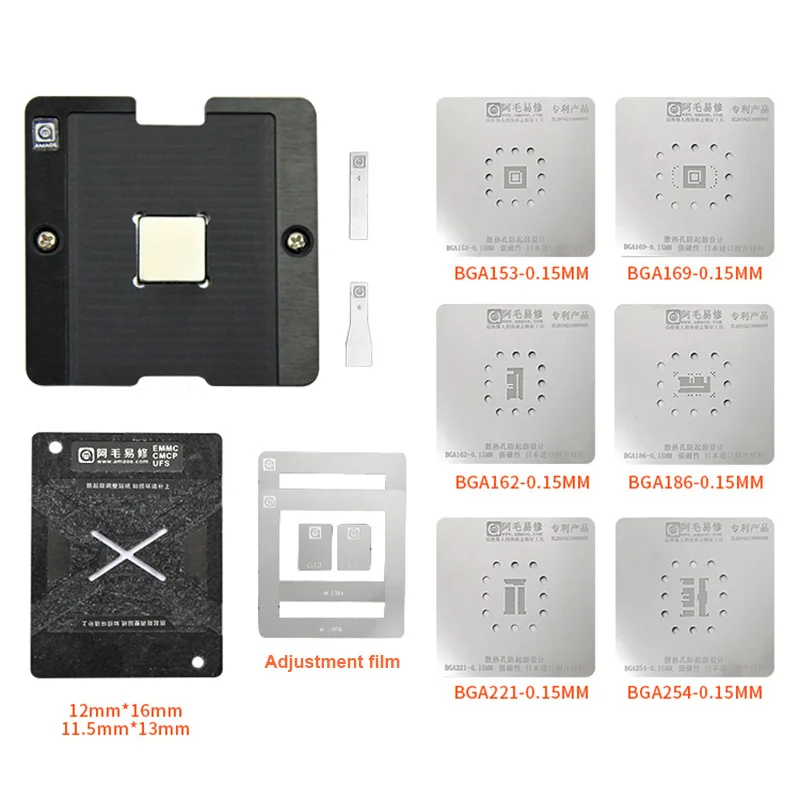 Universal EMMC EMCP UFS Reballing Jig Platform With BGA153 BGA162 BGA169 BGA186 BGA221 BGA254 BGA Reballing Stencil Kit 0.15MM