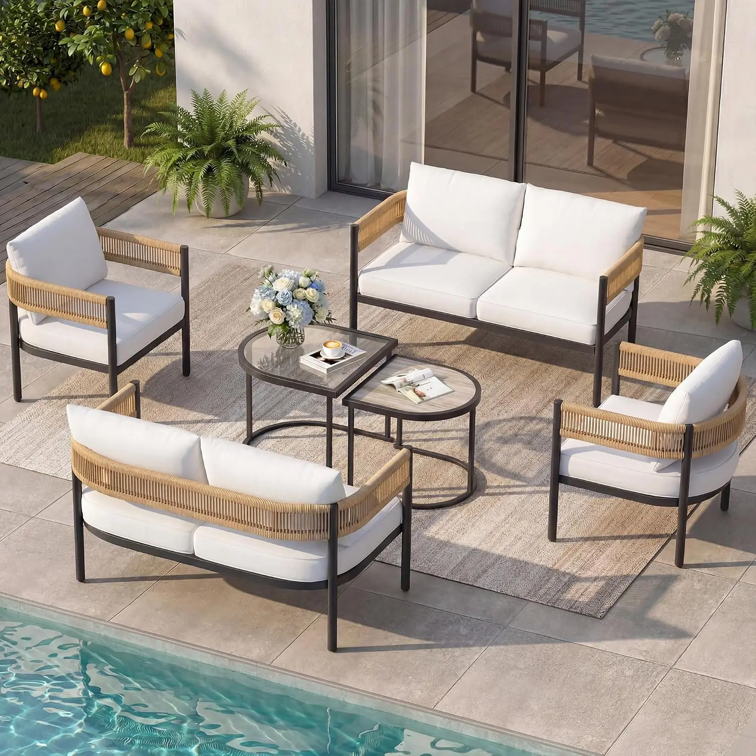 6 Seats Outdoor Sofa Set with Coffee Table, Natural, Customized