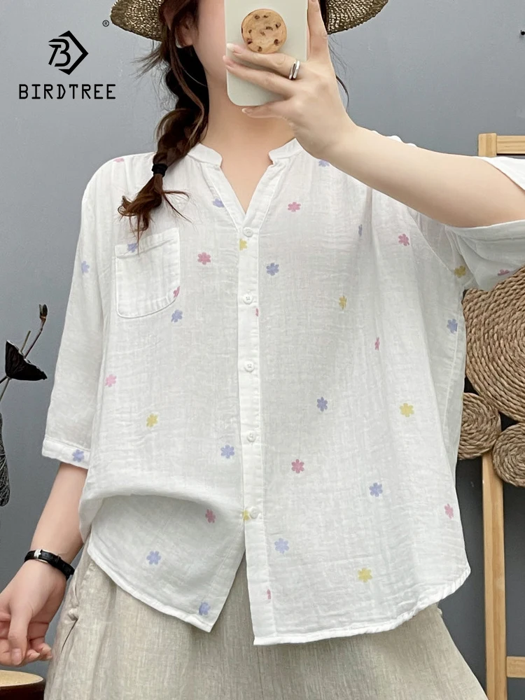 

New 2026 Summer Women Cotton Yarn Half Sleeve Shirt, V Neck Printed, Mori Girl Temperament Casual Thin Loose Blouse T64689CC