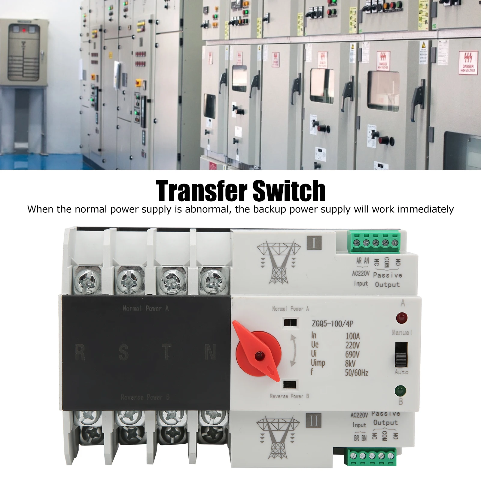 

Automatic Changeover Switch, Dual Power Automatic Transfer Switch Circuit Breaker Changeover ZGQ5-100/4P 220V