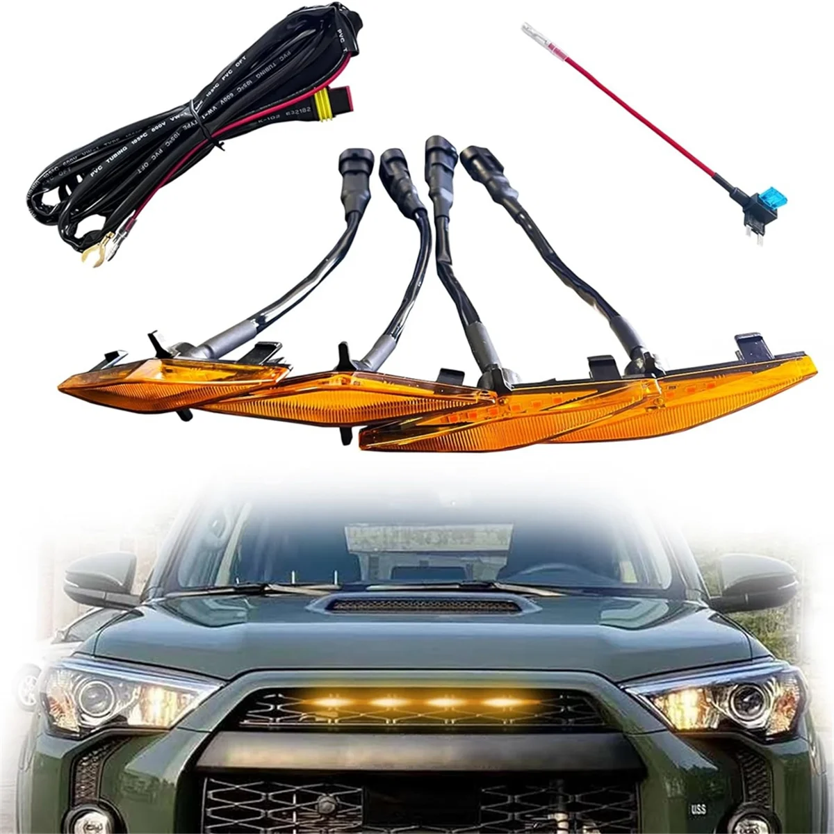 LED Grill Lights for 4Runner Pro 2014-2023 Grille, LED Amber Lights with Fuse and Instruction, 4 PCS