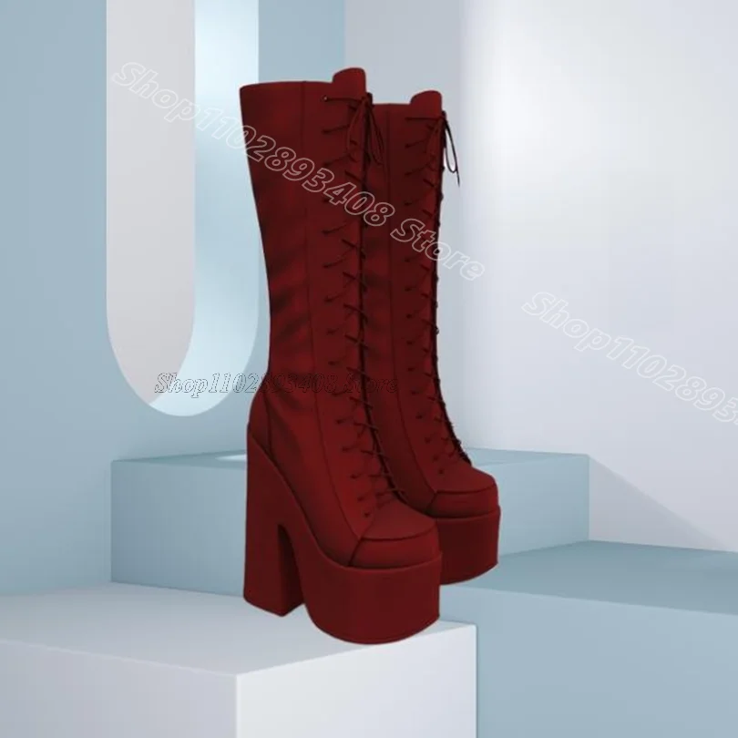

Red Platform Lace up Boots Round Toe Solid Punk Style Party Casual Design for Women Casual Knee Boots 2025 Zapatos Para Mujere
