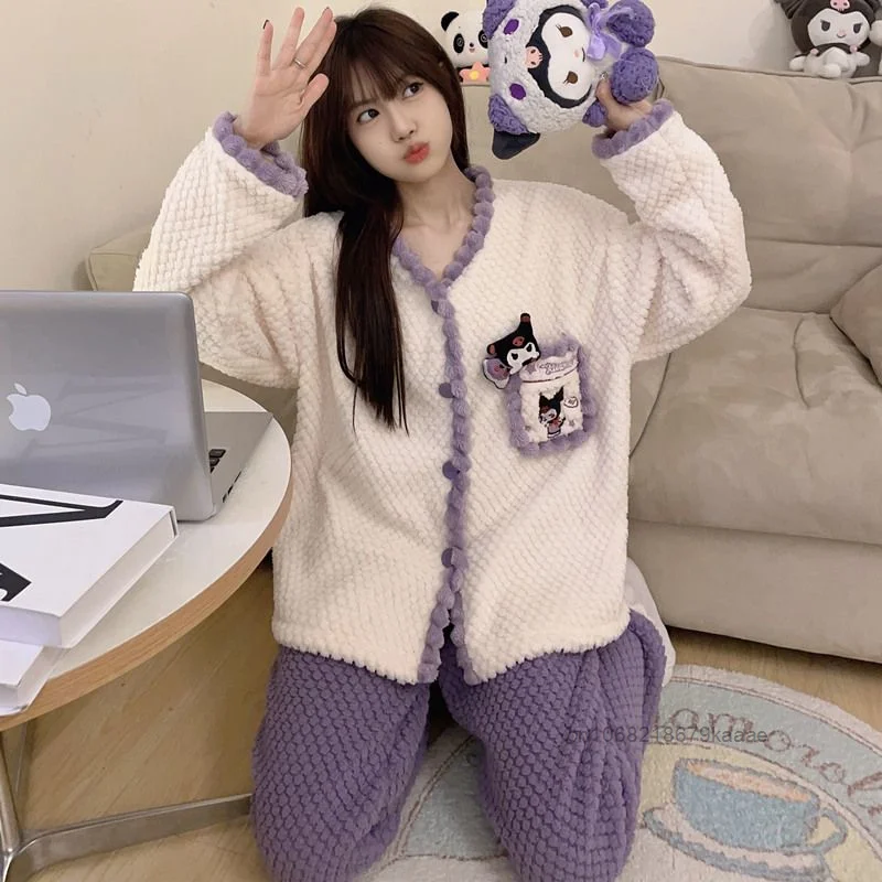 Sanrio Kuromi Autumn Winter Coral Velvet Warm Pajamas Women\'s Thickened Flannel Home Clothes Set Japanese Style Kawaii Sleepwear