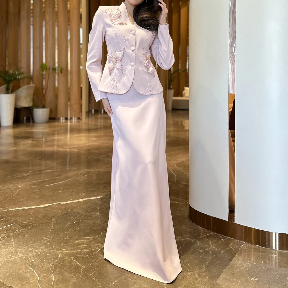 

Customized A-line Evening Dresses Floor-length V-neck Full Sleeve Prom Gown Fashion Beading Button Simple Draped Party Gown