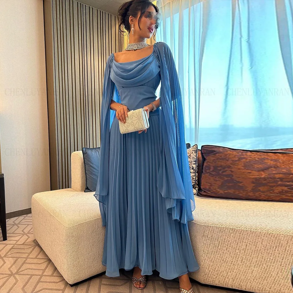 Chiffon O-Neck Formal Occasion Dresses 2023 Full Sleeves Simple Party Dress Ankle-Length Pleat Evening Gowns فساتين حفلات