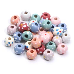 30-50pcs 10/14mm Painted Flower Wood Beads Natural Wooden Round Loose Beads For Jewelry Making Diy Bracelet Necklace Accessories