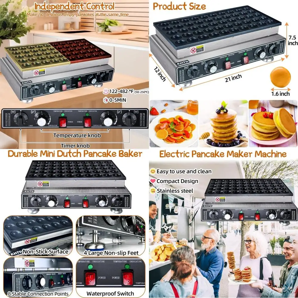 

Электрическая блинница для голландских блинчиков с антипригарным покрытием, 50 шт., 110В 1600Вт, коммерческого класса, 2 температурных режима и 2 таймера, идеально подходит для дома и ресторанов (12)