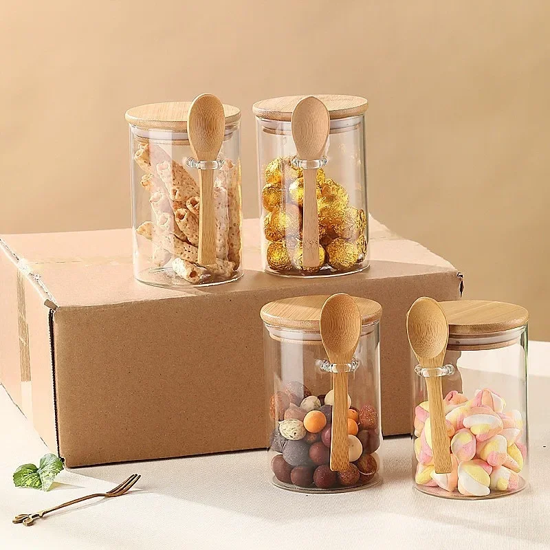 4Pcs/Set 650ML Glass Storage Containers with Spoons for Storing Spices Candies and Honey Suitable for Storage Kitchen Seasoning