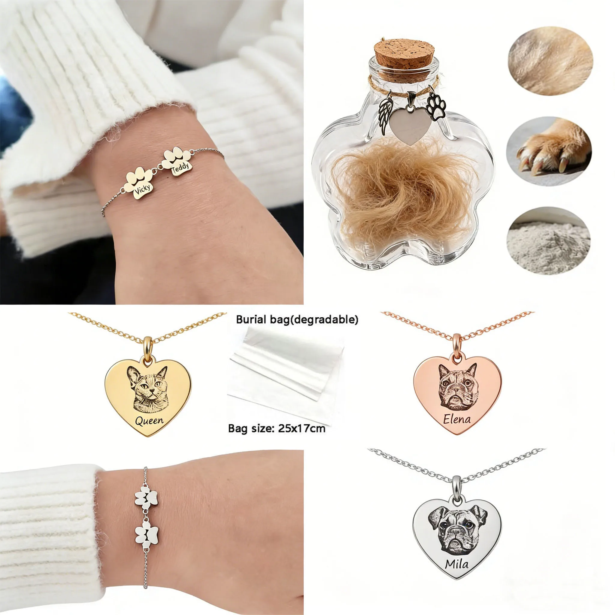 

Custom Pet Photo Name Necklace Engraved Bracelet Pet Hair Keepsake Bottle Dog Cat Memorial Jewelry Set