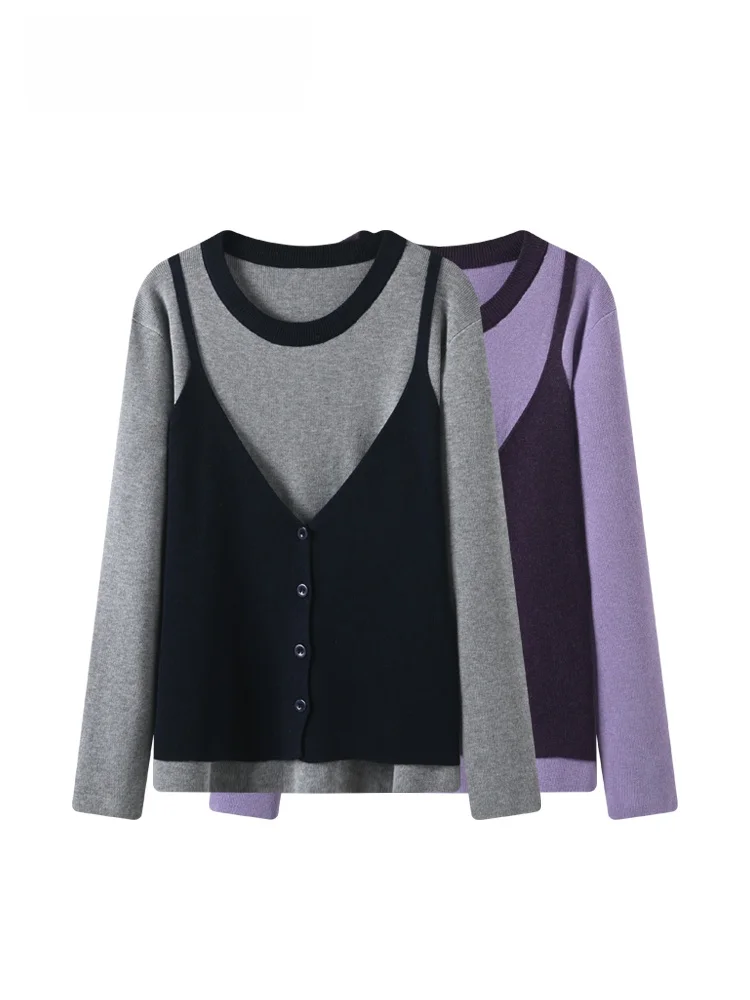 

Faionable plus Size Knitwear Long Sve Women's Top Winter New Sle CaraCLUB Big Size Fake Two-Piece Slimming Faionable