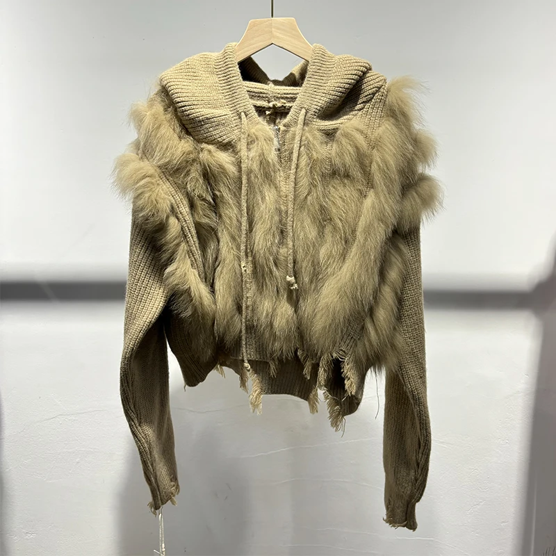 2025 جديد وصول المرأة الشتاء كسر تصميم قصير هوديي الثعلب الفراء سترة سميكة فضفاضة الفتاة مقنعين سترة معطف