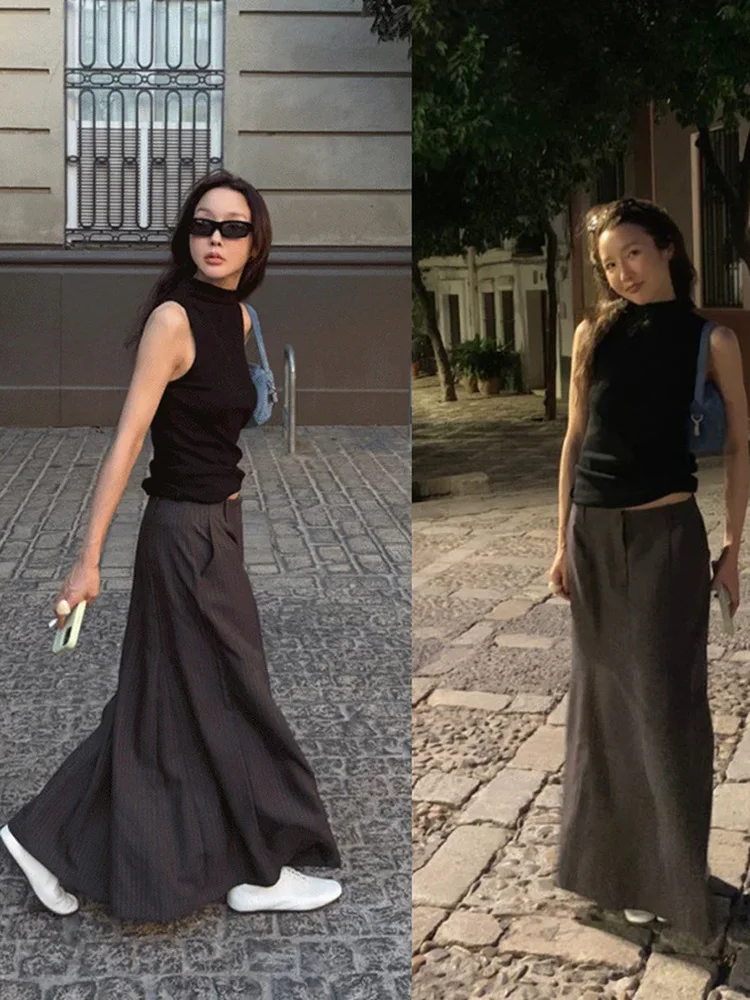 

Длинная юбка трапециевидной формы в полоску с высокой талией, нежная юбка Dongdaemun Baby Sauce, французская повседневная юбка для повседневного использования