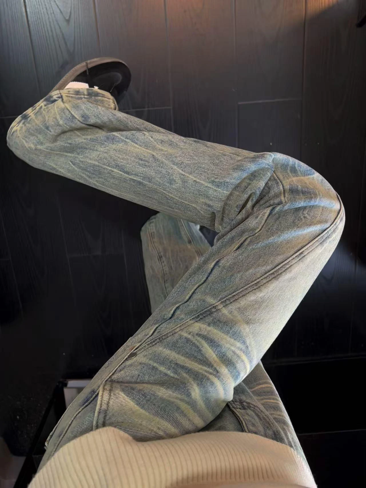 

Retro Blue Lightning Pattern Diagonal Cut Flared Jeans Men's Sle American Vibe Slimming Straight Leg Knife Pants