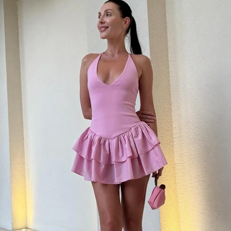 

Women's Dresses 2025 Halter Pink Mini Dresses Chic v Neck Layer Ruffles Hem Dress A Line Vestido Summer Ladies Street Party Wear