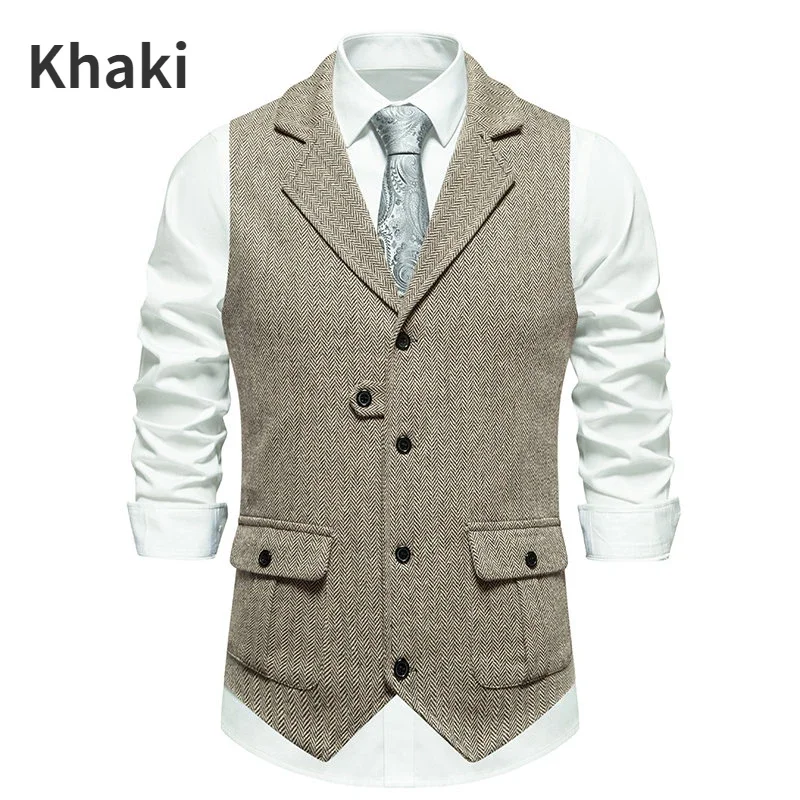 

Vintage Men's Lapel Chain Vest Fashion Herringbone Coarse Tweed Pockets Suit Vest British Casual Waistcoat