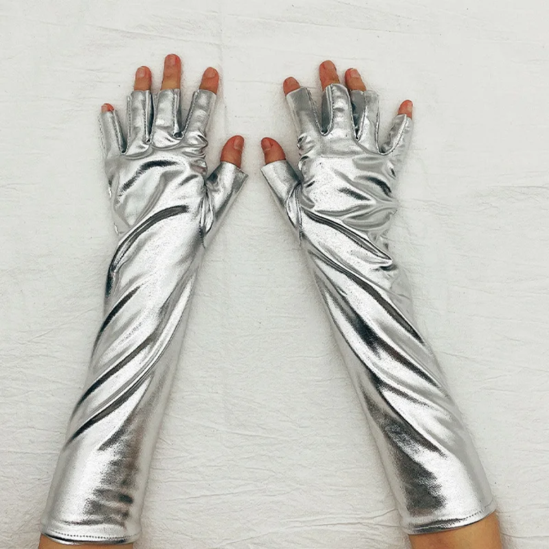 Leather Half Finger Gloves Long Performance Formal Party Cosplay Shiny Bright Gloves Women Halloween Punk Fingerless Mitten