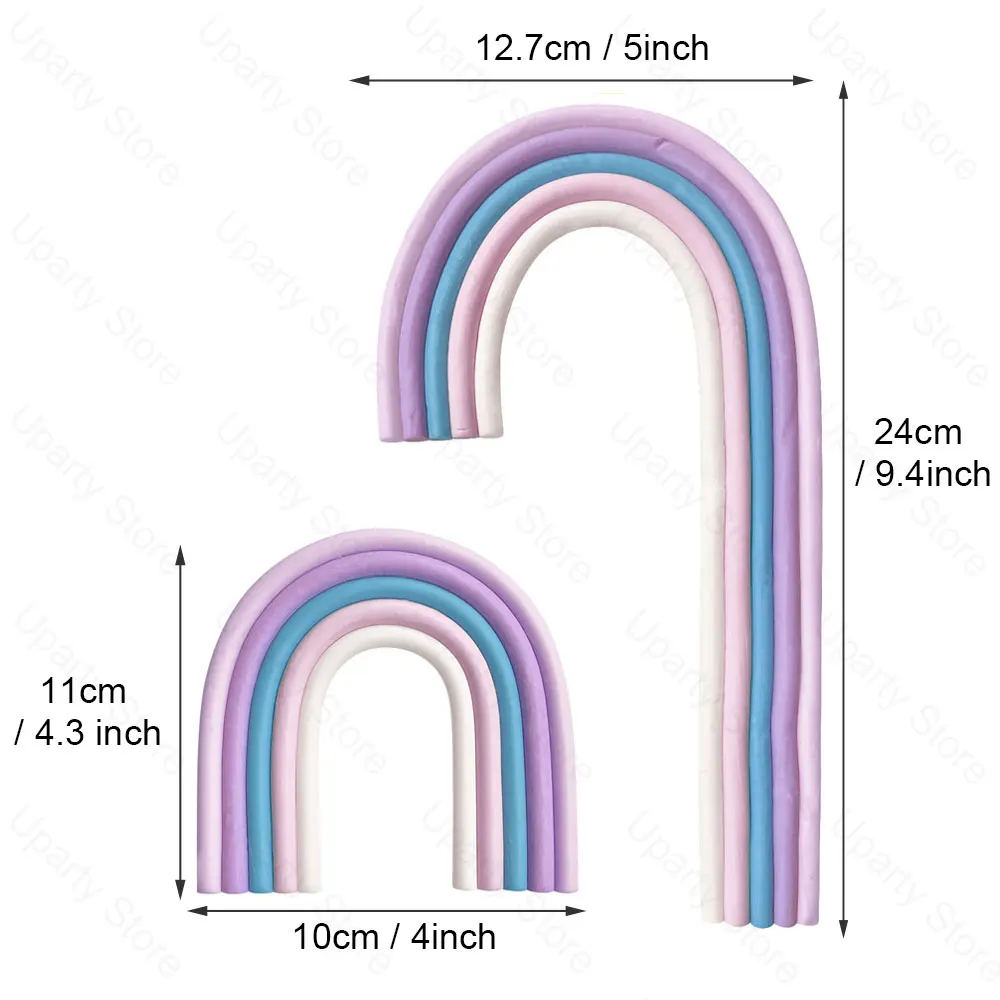 2er-Pack Regenbogen-Kuchenaufsätze aus weichem Gummi, Pastell, Lila, Blau, Boho-Haut, braune Regenbogen-Aufsätze für Babyparty, Geburtstagskuchen-Dekoration – Detail 5