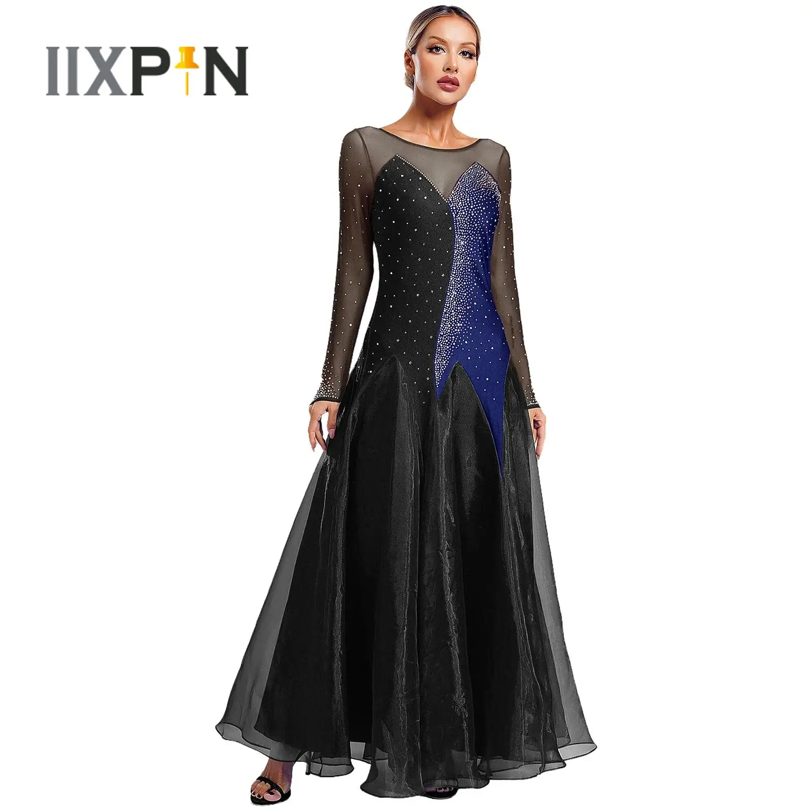 

Hot Sale Womens Ballroom Modern Dance Dresses Long Sleeve Sheer Mesh Color Block Dress Lyrical Waltz Tango Performance Dancewear