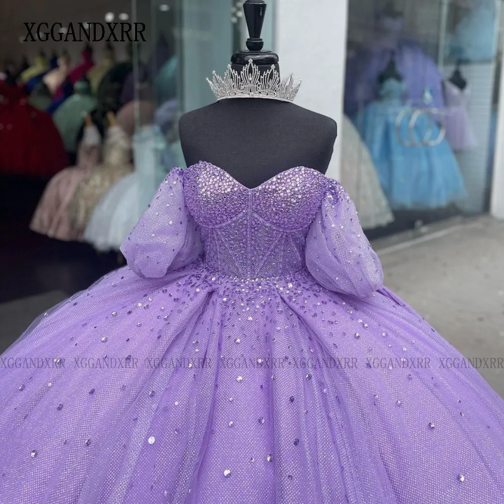 XGGandXRR-Real Purple Quinceanera Vestido, espumante frisada cristais Querida vestido de baile, XV Adults' doce 16