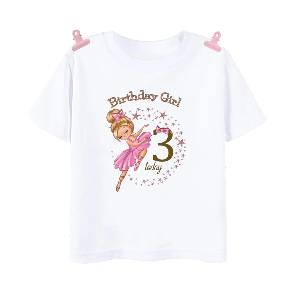 Ballerina Printed Girls T-shirt 1-9 Year Birthday Shirt Girl Party Outfit Tops Kids Short Sleeve Tshirt Toddler Birthday Clothes