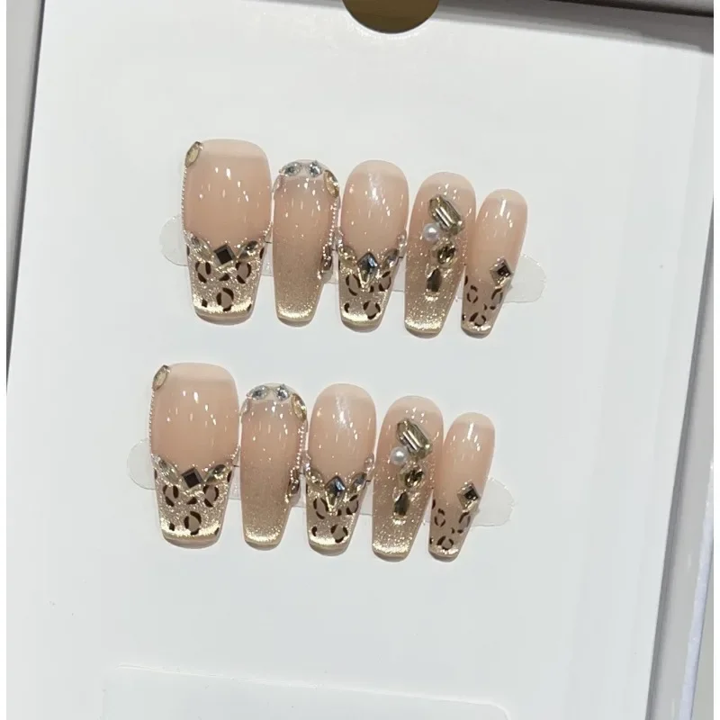 10pcs Chic Long French Ballet Nails Leopard Print Rhinestone Blush Brown Handmade Press on Nails Wearable Full Cover Nail Tips