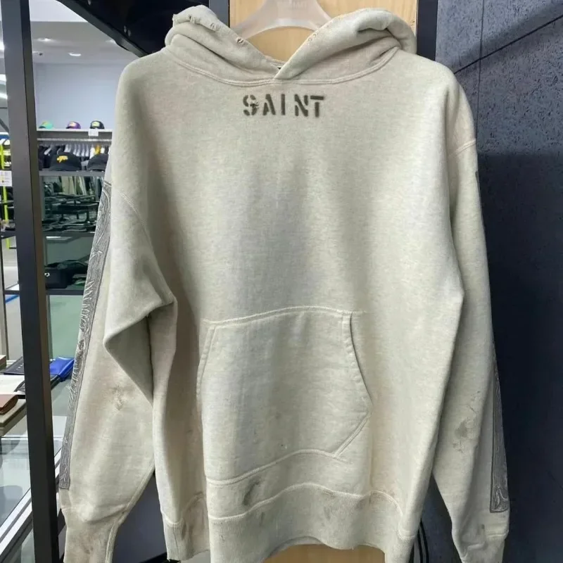 24ss Washed Saint Michael Oversized Hoodie Destroyed Vintage Men Women 1:1 Best Quality Hooded Sweatshirts