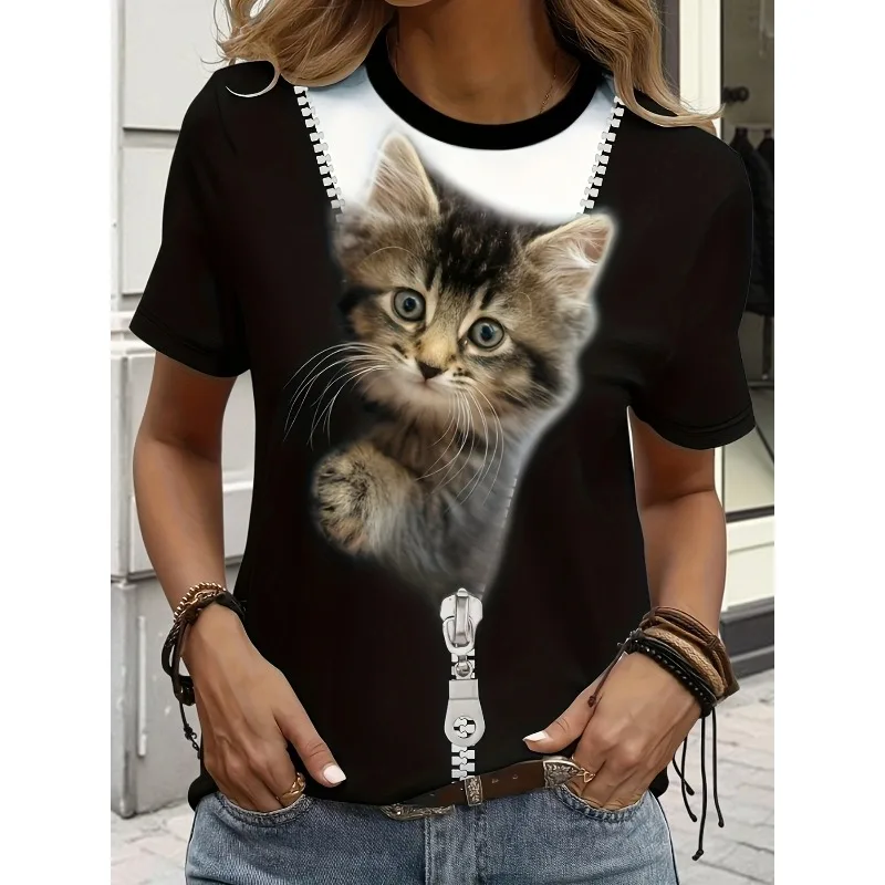 

Женская футболка с 3D-принтом милого кота, свободная, с круглым вырезом, с короткими рукавами, модная, летняя, повседневная, спортивная, удобная, универсальная, топ