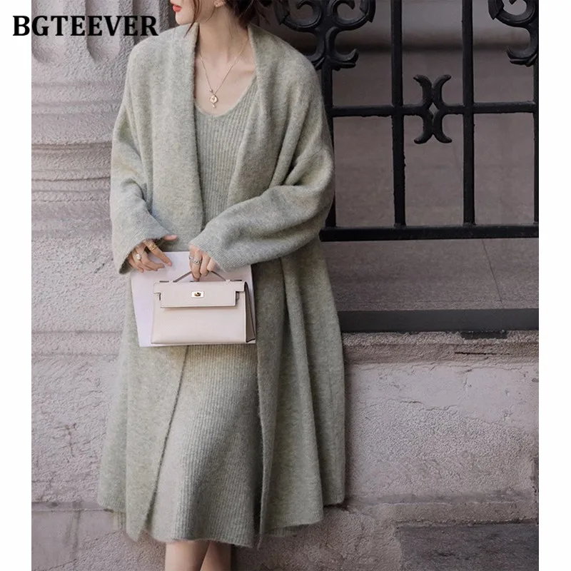 BGTEEVER Autumn Winter Women Knitted Dress Set Long Sleeve Loose Cardigans Sweaters Ladies V-neck Package Hip Dresses