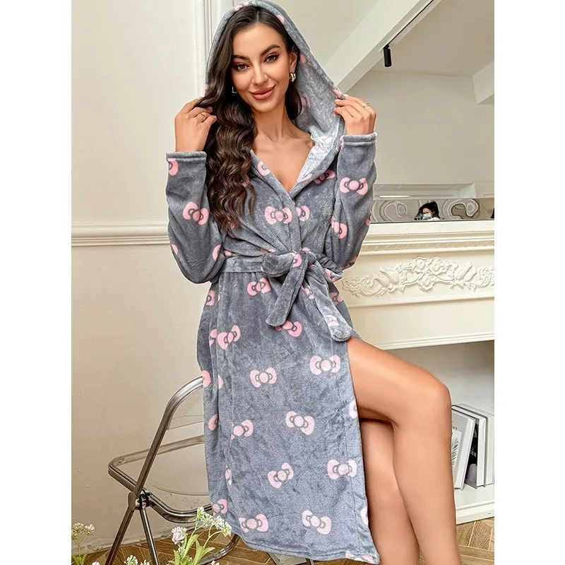 

Новый женский зимний утепленный халат серого цвета с розовым бантом и принтом, длинные пижамы, халаты, ночные рубашки для уютной домашней одежды