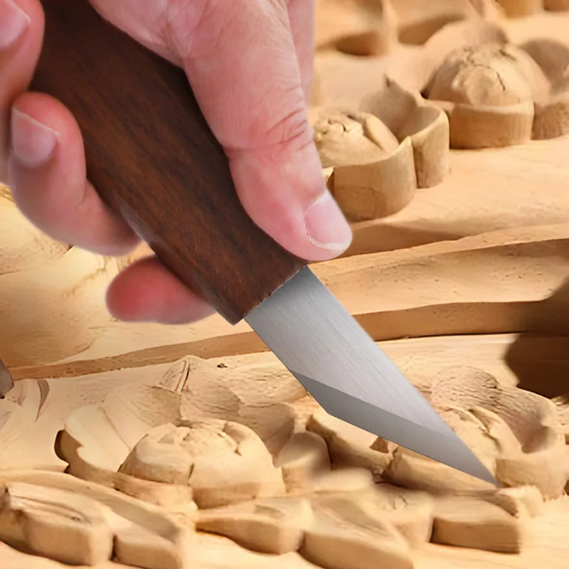 Faca de escultura de precisão artesanal, lâmina crv, ponto afiado, cabo de madeira de nogueira, cabo de bambu, ferramenta de escultura em madeira