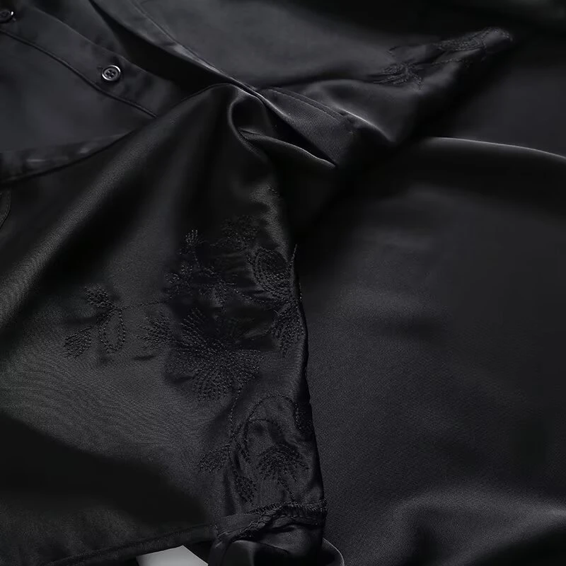 KEYANKETIAN 2025 Spring New Women's Sequined Decoration Shirt Leisure style Single Breasted Long Sleeve Black Satin Blouses Top