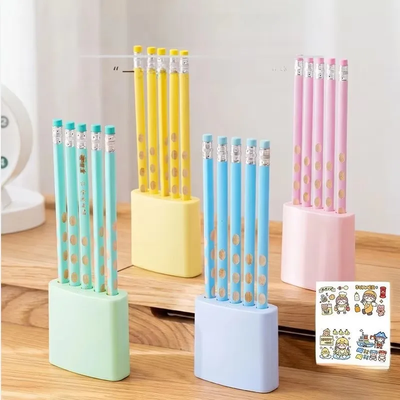 5-Grid Pencil Holder Cap Anti-Loss Anti-Dirt Two-In-One Pencil Holder Stand Protective Sleeve Pen Cap School Pencil Storage