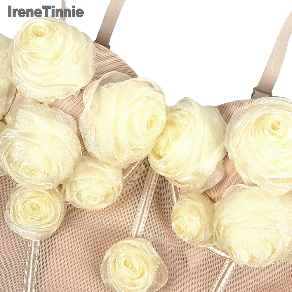 IRENE TINNIE 2025 Zomer Casual Outfits 3D Bloem Tops Vrouwen Elegante Stereoscopische Bloem Mesh Corset Sexy Korte Crop Top Mujer
