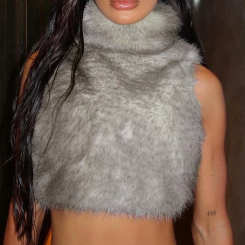Sexy Tank Top Women Clothing  Autumn 2025 Fur Patchwork  Lady Solid Color Sleeveless Backless Zipper Crop Female Streetwear Vest
