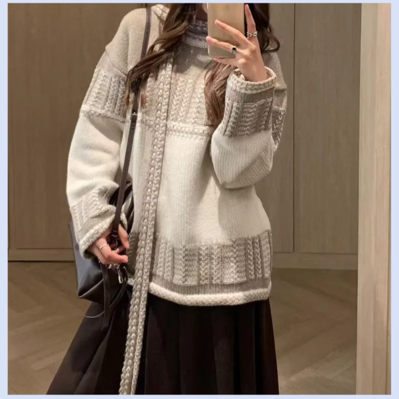 25 Fall/Winter New Arrival Mercerized Wool Fair Isle Jacquard Knit Crewneck Colorblock Sweater
